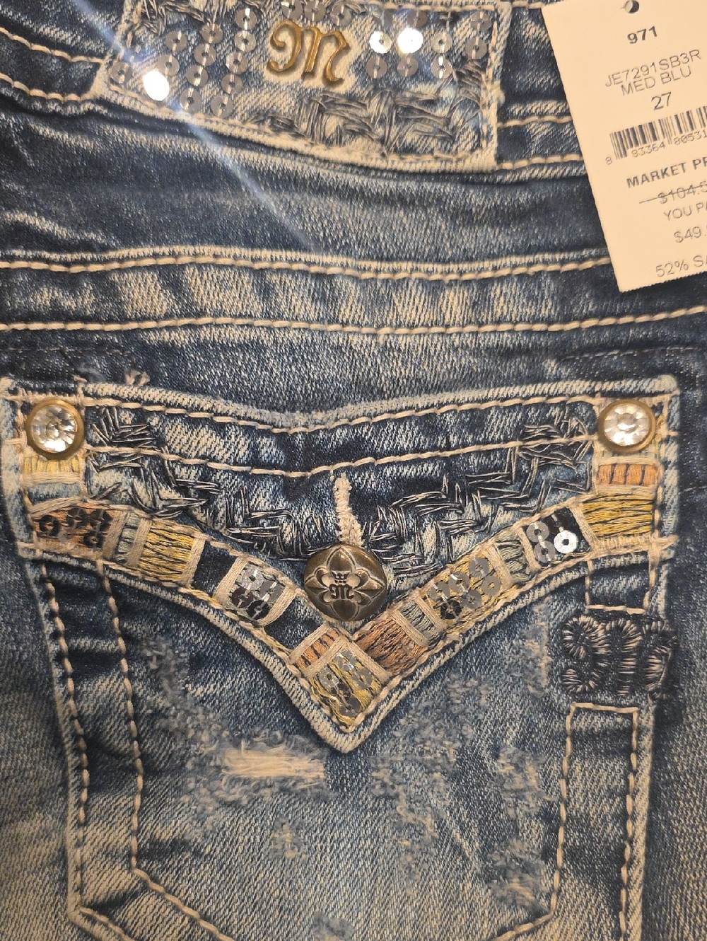 Miss Me Distressed Medium Blue Boyfriend Jeans with Embroidered & Beaded Pockets
